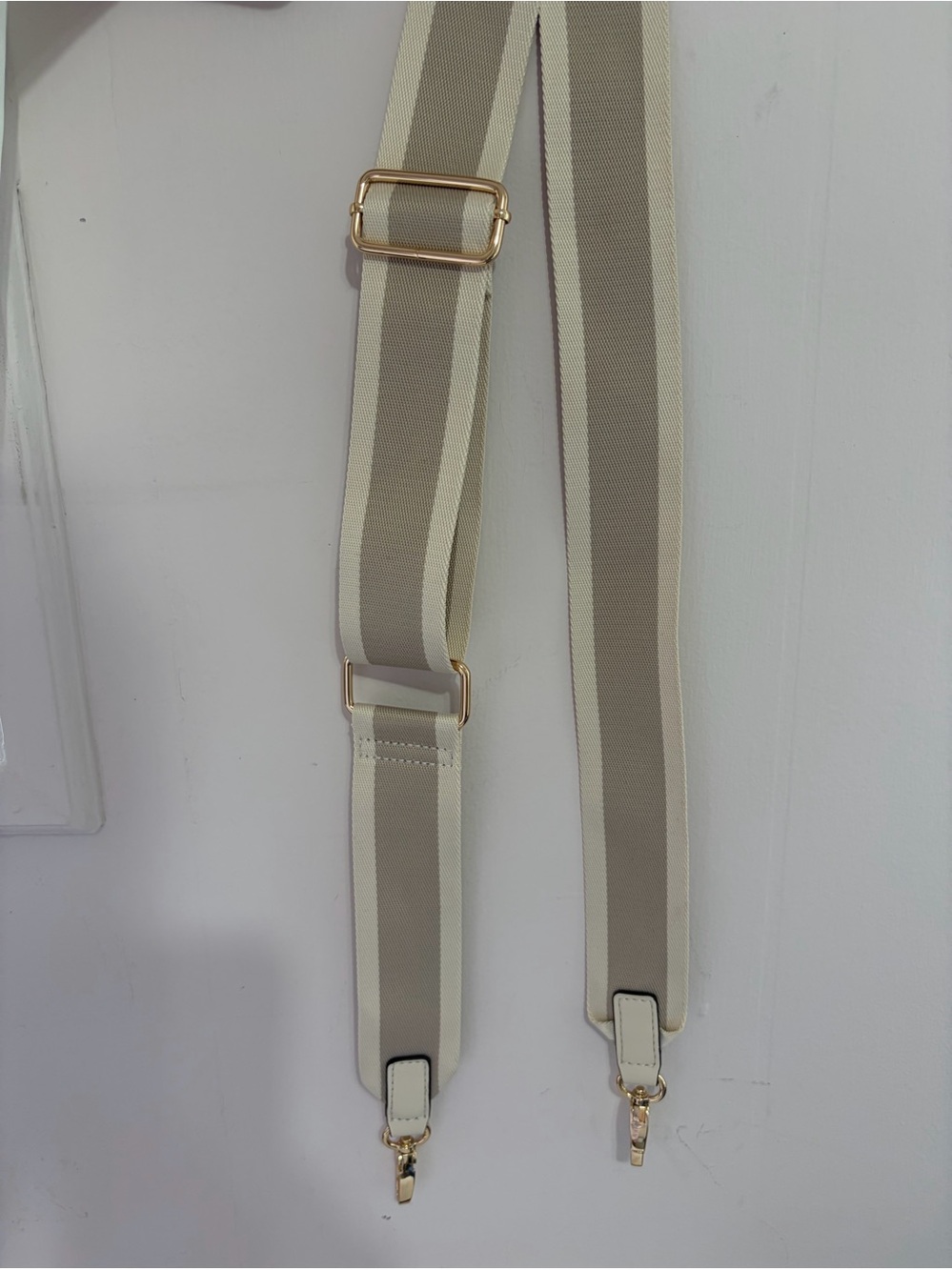 Adjustable Beige & Cream Striped Bag Strap with Gold Hardware